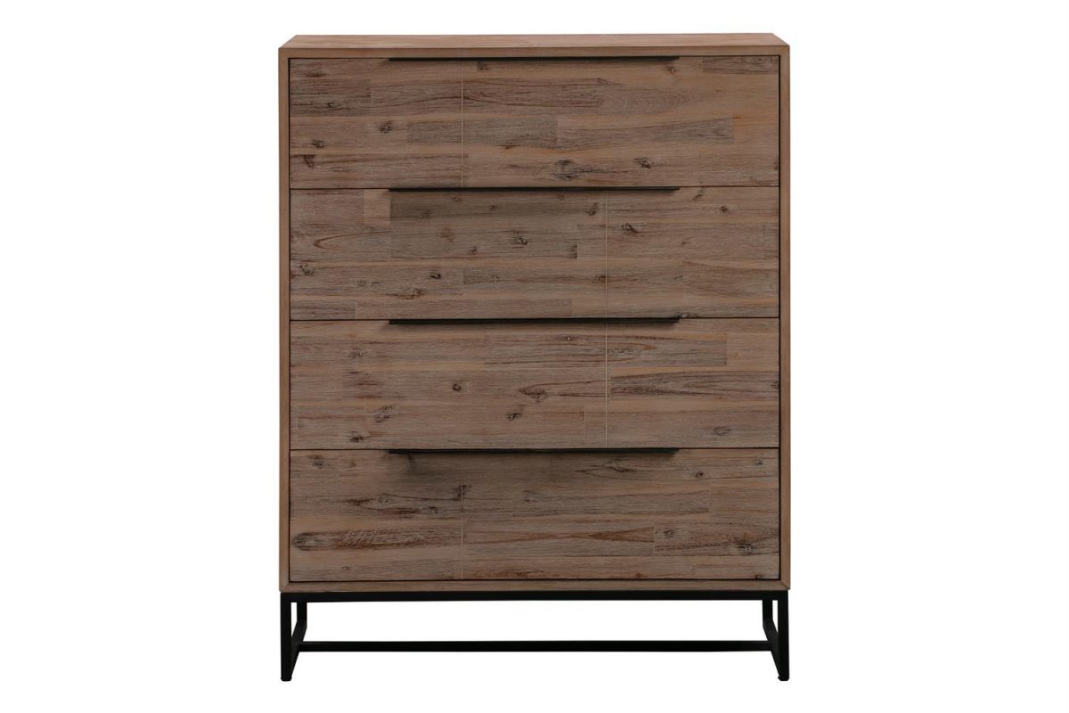 Tallboy with 4 Storage Drawers Assembled Solid Acacia Wooden Construction in Tea Colour