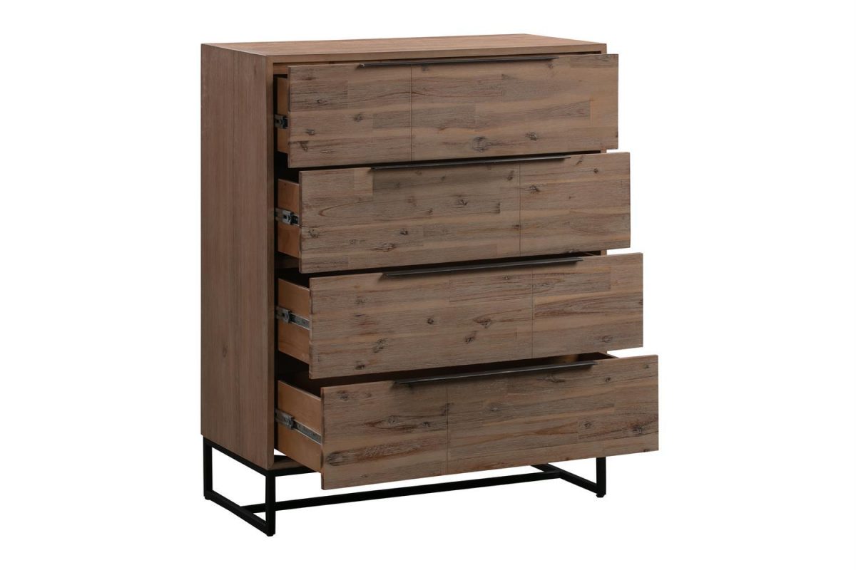 Tallboy with 4 Storage Drawers Assembled Solid Acacia Wooden Construction in Tea Colour