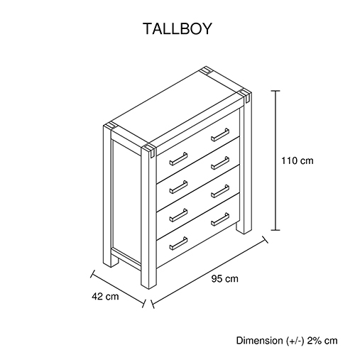 Tallboy with 4 Storage Drawers Assembled Solid Wooden – Chocolate