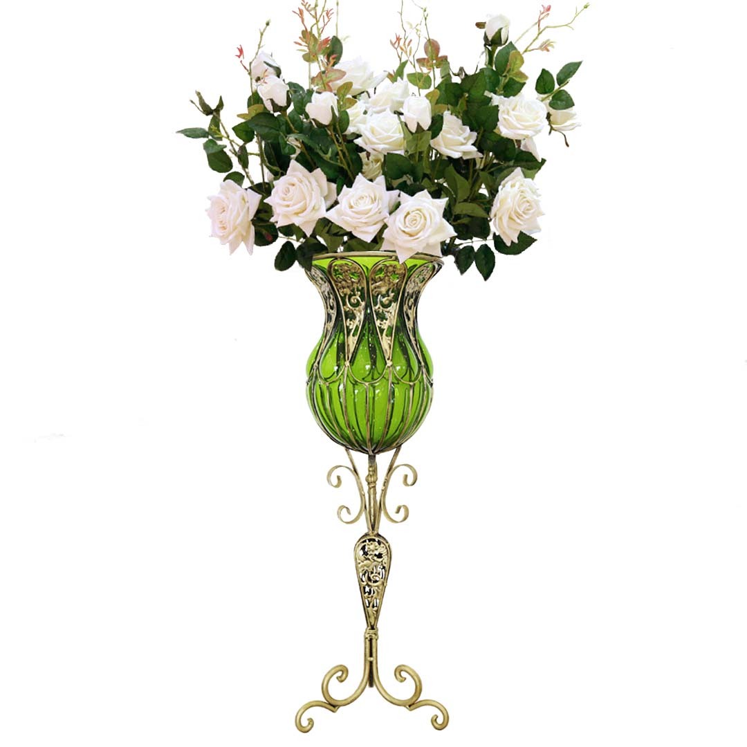 85cm Glass Tall Floor Vase and 12pcs White Artificial Fake Flower Set – Green