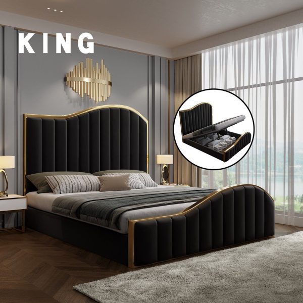 Elegant Luxury Bedframe with Gas Lift Storage Black Velvet Fabric Golden Trim King Size
