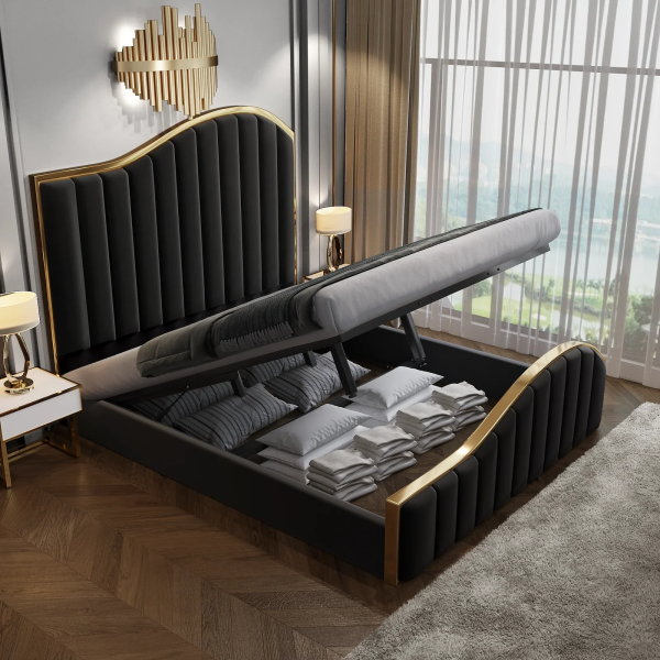Elegant Luxury Bedframe with Gas Lift Storage Black Velvet Fabric Golden Trim King Size