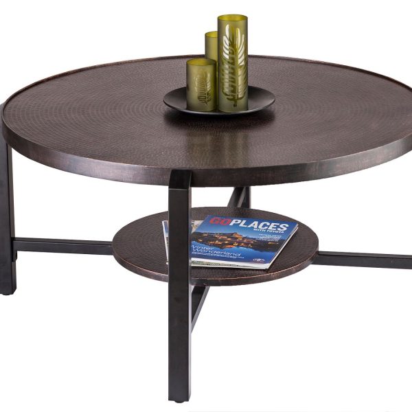 Black Round Coffee Table with Storage Shelf in Copper Finish Top